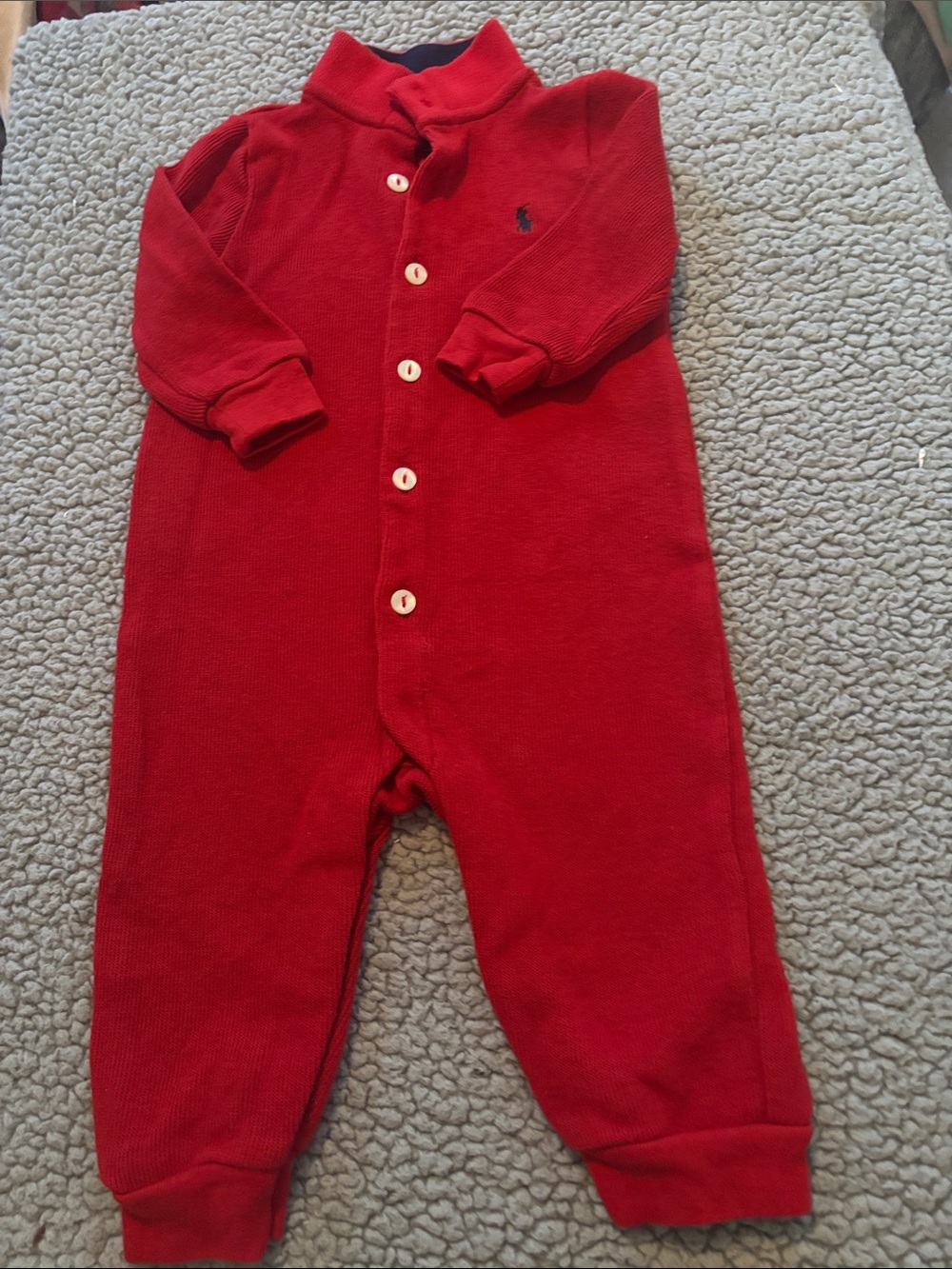 Ralph Lauren Red Long-Sleeve Baby One-Piece Romper